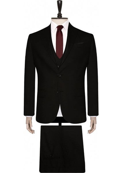 6 Drop Slim Fit Siyah Yelekli Düz Takım Elbise