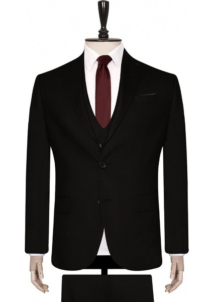 6 Drop Slim Fit Siyah Yelekli Düz Takım Elbise fiyatları