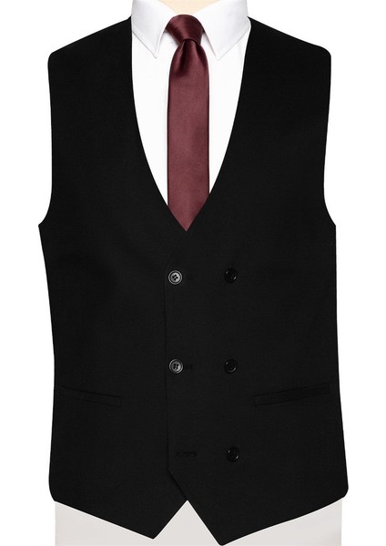 6 Drop Slim Fit Siyah Yelekli Düz Takım Elbise modelleri