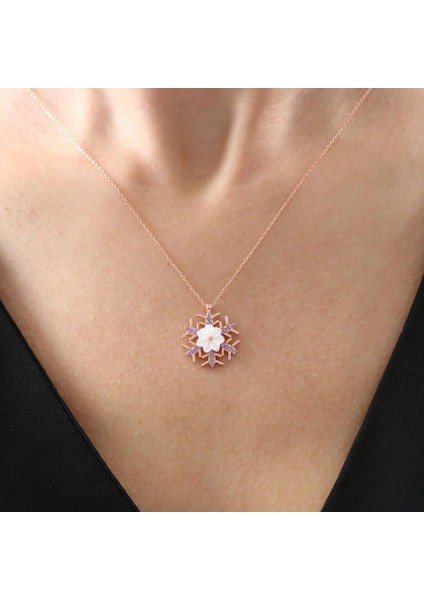 Ametist Taşlı Kar Kristali Manolya Çiçeği Rose Renk Flowers Gümüş Kolye fiyatları