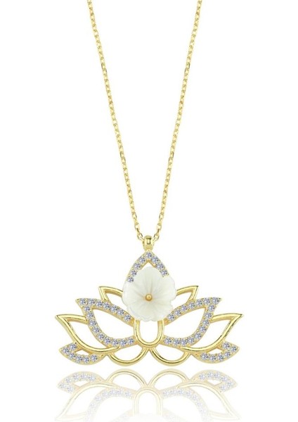 Işıltılı Lotus Manolya Çiçeği Gold Renk Flowers Gümüş Kolye