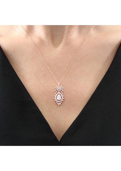 Effective Diamond Bereket Damlası Işıltılı Rose Renk Gümüş Kolye