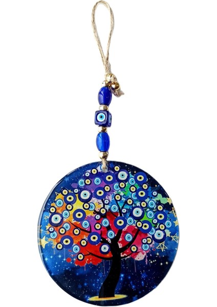 Hayat Ağacı Duvar Süsü Nazar Boncuğu Deseniyle Şık Füzyon Cam 30 cm