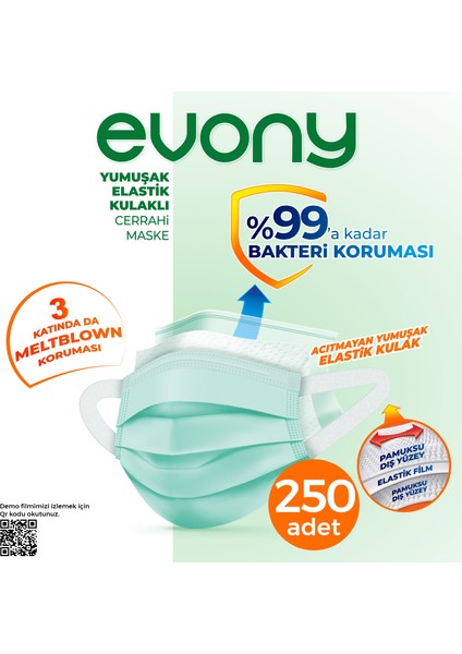 Evony Elastik Kulaklı 3 Katlı Cerrahi Maske 250 Adet