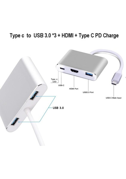 Gümüş Yeni Tip-C VGA Pd USB C Hub Adaptörü F / Tip-C Port Laptop Dizüstü (Yurt Dışından)