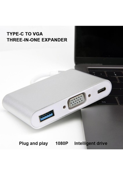 Gümüş Yeni Tip-C VGA Pd USB C Hub Adaptörü F / Tip-C Port Laptop Dizüstü (Yurt Dışından)