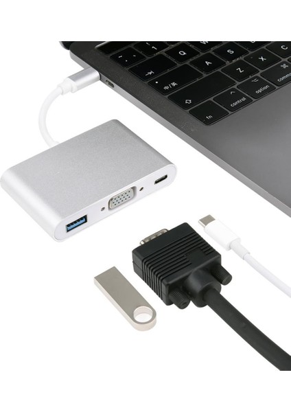 Gümüş Yeni Tip-C VGA Pd USB C Hub Adaptörü F / Tip-C Port Laptop Dizüstü (Yurt Dışından)