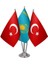 Masaüstü Kazakistan Bayrağı Türk Bayrağı Üçlü Krom Direk Masa Bayrak Seti 1