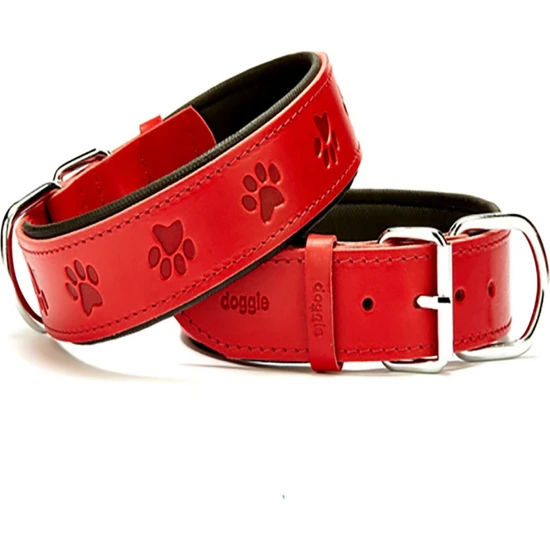 Doggie Pati Desenli Gerçek Deri Büyük Irk Köpek Boyun Tasması Kırmızı 4X57-65 cm
