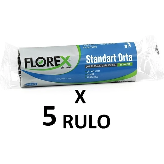 Florex Standart Orta Boy ( 55X60 cm ) Siyah Çöp Poşeti 5 Rulo 20*5=100 Adet