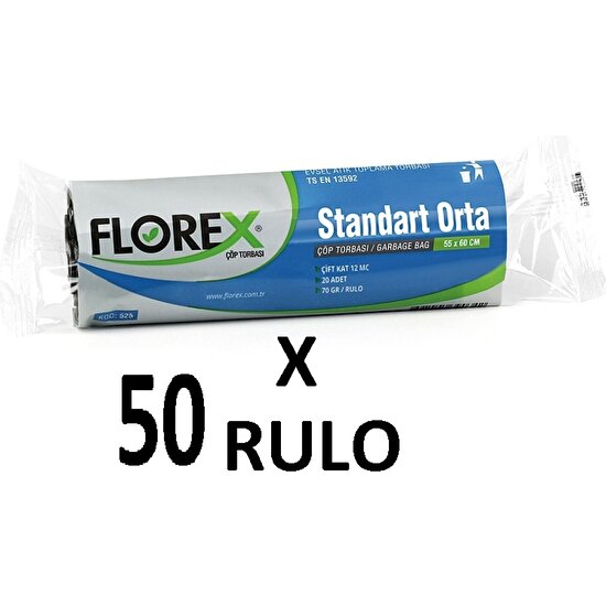 Florex Standart Orta Boy ( 55X60 cm ) Siyah Çöp Poşeti 50 Rulo 20*50=1000 Adet