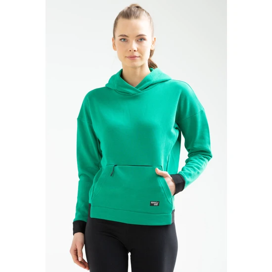 Speedlife Yeşil Regular Fit Düz Pamuklu Kapüşonlu Kanguru Cep Kadın Sweatshirt - SC0961