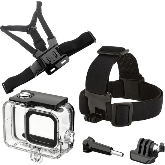 Gplus GO209 Gopro Hero 12  Hero 11 Hero 10 Hero 9 Black Uyumlu 60 Metre Su Geçirmez Koruyucu Muhafaza Kafa Bandı ve Göğüs Kemeri 5 Parça Set