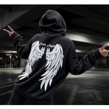 Amor Woman Kapüşonlu Dark Angel Sırt Baskılı Şardonlu Pamuk Dokuma Tam Kışlık Oversize Tarz Kadın Sweatshirt