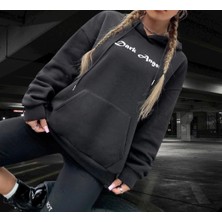 Amor Woman Kapüşonlu Dark Angel Sırt Baskılı Şardonlu Pamuk Dokuma Tam Kışlık Oversize Tarz Kadın Sweatshirt