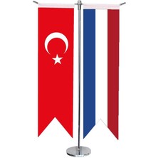 Satürn Design Masaüstü Kırlangıç Hollanda + Türk Bayrağı + Krom T Direk Masa Bayrak Seti