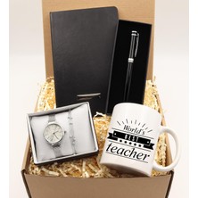Vega Gift Shop Öğretmenler Gününe Özel Hasır Kordon Gümüş Renk Kadın Kol Saati & Gümüş Renk Bileklik & Siyah Defter & Gümüş Roller Kalem Hediye Seti