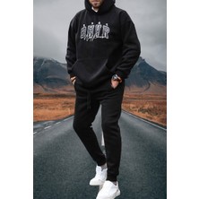 Amor Man Kapüşonlu B.h.v.r Göğüs Baskılı 4 Iplik Çok Kalın Pamuk Dokuma Oversize Yeni Stil Erkek Eşofman Takımı
