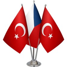 Satürn Design Masaüstü Çek Cumhuriyeti Bayrağı Türk Bayrağı Üçlü Krom Direk Masa Bayrak Seti