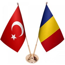 Satürn Design Masaüstü Romanya Bayrağı Türk Bayrağı İkili Pirinç Direk Masa Bayrak Seti