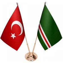 Satürn Design Masaüstü Içkerya Çeçen Bayrağı Türk Bayrağı İkili Pirinç Direk Masa Bayrak Seti