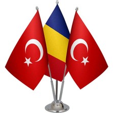 Satürn Design Masaüstü Romanya Bayrağı Türk Bayrağı Üçlü Krom Direk Masa Bayrak Seti