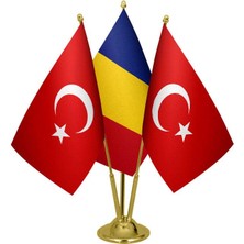 Satürn Design Masaüstü Romanya Bayrağı Türk Bayrağı Üçlü Pirinç Direk Masa Bayrak Seti