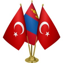 Satürn Design Masaüstü Moğolistan Bayrağı Türk Bayrağı Üçlü Pirinç Direk Masa Bayrak Seti