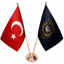 Satürn Design Masaüstü Polis Özel Harekat Bayrağı Türk Bayrağı İkili Pirinç Direk Masa Bayrak Seti