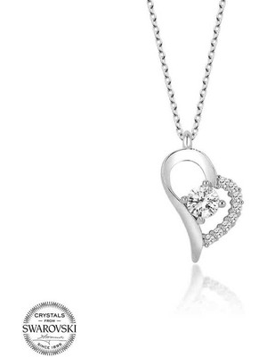 Gumush Swarovski Taşlı Gümüş Kalp Tektaş Kadın Kolye