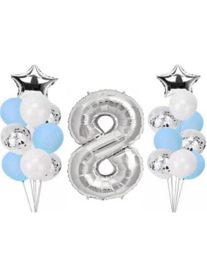 Dipak Mavi / Gümüş / Beyaz 8 Yaş Folyo Balon Seti