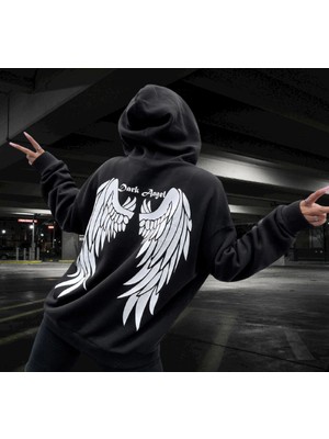 Amor Woman Kapüşonlu Dark Angel Sırt Baskılı Şardonlu Pamuk Dokuma Tam Kışlık Oversize Tarz Kadın Sweatshirt