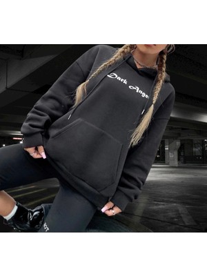 Amor Woman Kapüşonlu Dark Angel Sırt Baskılı Şardonlu Pamuk Dokuma Tam Kışlık Oversize Tarz Kadın Sweatshirt