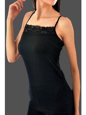 Tutku Kadın Siyah 6'lı Paket Elastan Pamuk İp Askılı İnce Dantelli Atlet