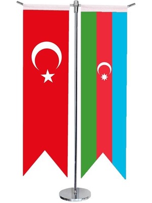Satürn Design Masaüstü Kırlangıç Azerbaycan + Türk Bayrağı + Krom T Direk Masa Bayrak Seti