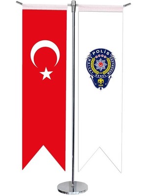 Satürn Design Masaüstü Kırlangıç Polis Arması + Türk Bayrağı + Krom T Direk Masa Bayrak Seti