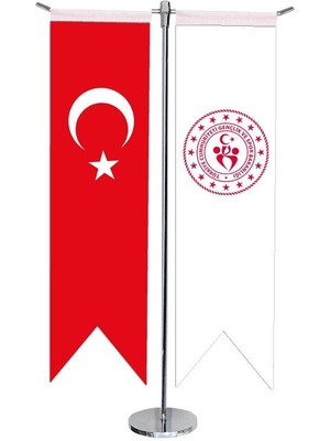 Satürn Design Masaüstü Kırlangıç Gençlik ve Spor Bakanlığı + Türk Bayrağı + Krom T Direk Masa Bayrak Seti