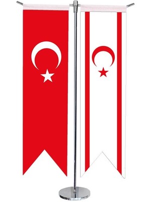 Satürn Design Masaüstü Kırlangıç Kktc + Türk Bayrağı + Krom T Direk Masa Bayrak Seti