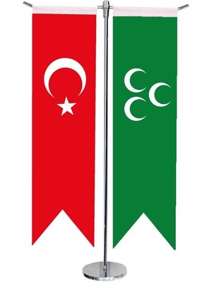 Satürn Design Masaüstü Kırlangıç Yeşil Üç Hilal + Türk Bayrağı + Krom T Direk Masa Bayrak Seti