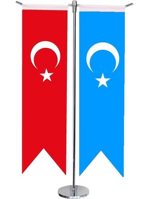 Satürn Design Masaüstü Kırlangıç Doğu Türkistan + Türk Bayrağı + Krom T Direk Masa Bayrak Seti