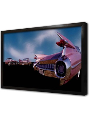 Tablosan Pembe Klasik Arabalar Çerçeveli Cam Tablo