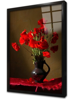 Tablosan Vazoda Kırmızı Çiçekler Çerçeveli Cam Tablo