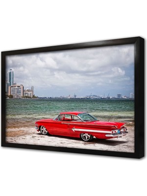 Tablosan Deniz Kıyısında Klasik Araba Çerçeveli Cam Tablo