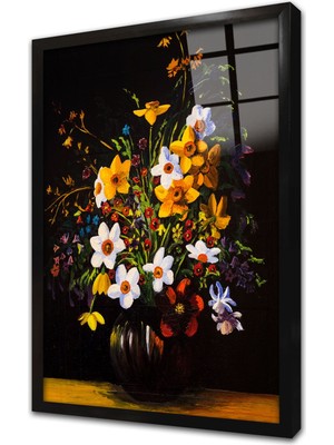 Tablosan Vazoda Çiçekler Çerçeveli Cam Tablo