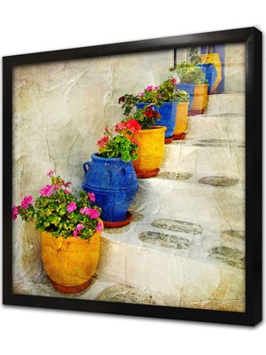 Tablosan Merdiven Üstünde Saksılar Çerçeveli Cam Tablo