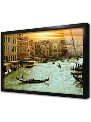 Tablosan Italya Venedik Gondol Çerçeveli Cam Tablo