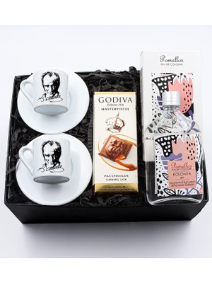 VegaGiftShop Godiva Çikolata & 2'li Atatürk Baskılı Beyaz Fincan & Kadın Kolonyası Hediye Seti