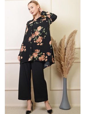 Pinkmark Kadın Siyah Çiçek Desenli Salaş Krep Gömlek Pantolon Takım PMTK25401