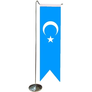Satürn Design Masaüstü Kırlangıç Doğu Türkistan Bayrağı + Krom L Direk Masa Bayrak Seti
