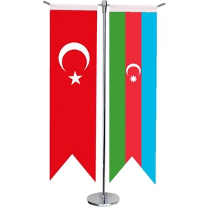 Satürn Design Masaüstü Kırlangıç Azerbaycan + Türk Bayrağı + Krom T Direk Masa Bayrak Seti